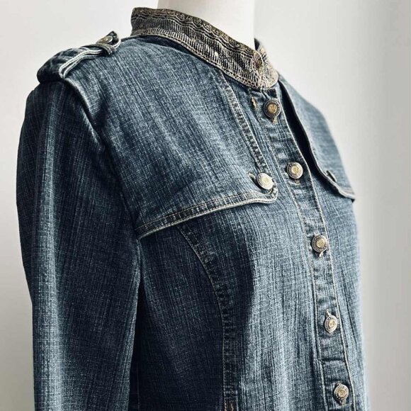 Simon Chang Indigo Embellished Luxe Denim Jacket with Gold Detailing – US 10 - Picture 7 of 13